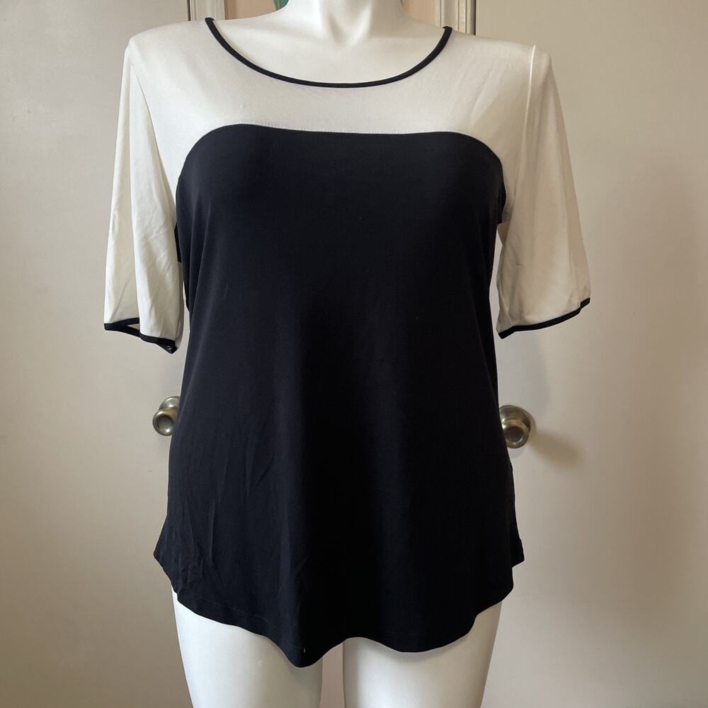 Worthington XL Black White Geometric Print Blouse Short Sleeve Top Stretch